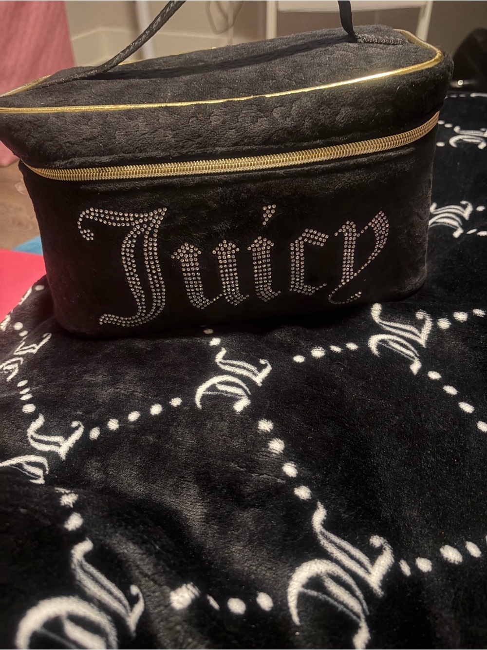 Juicy Couture Black and Gold Rhinestone 'Juicy' Cosmetic Case